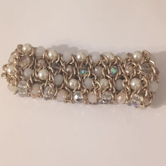 842 Gold Chain‎ Mixed White Faux Pearl Clear Faceted Beaded Bracelet - Picture 3 of 4
